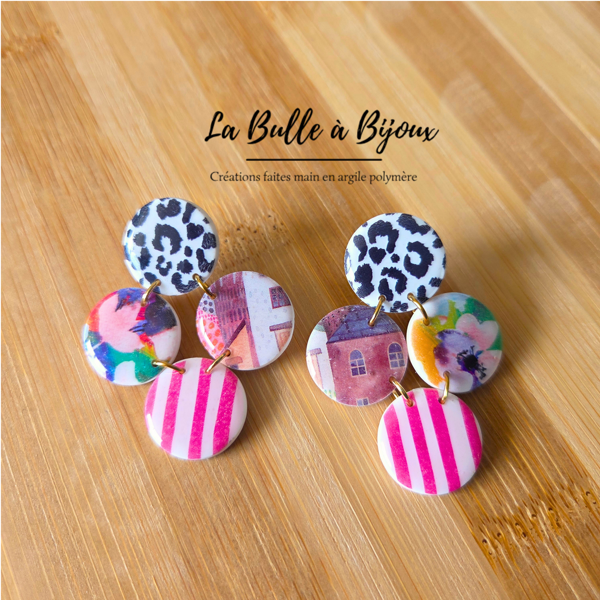 boucle oreille forme losange 4 cercles imprimés différents hauteur 5 cm couleur