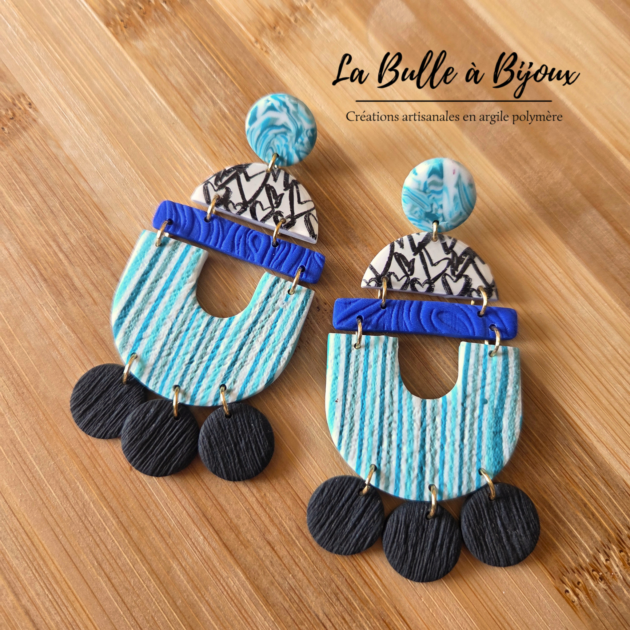 boucle argile polymère bleu cobalt rayure noir maxi 