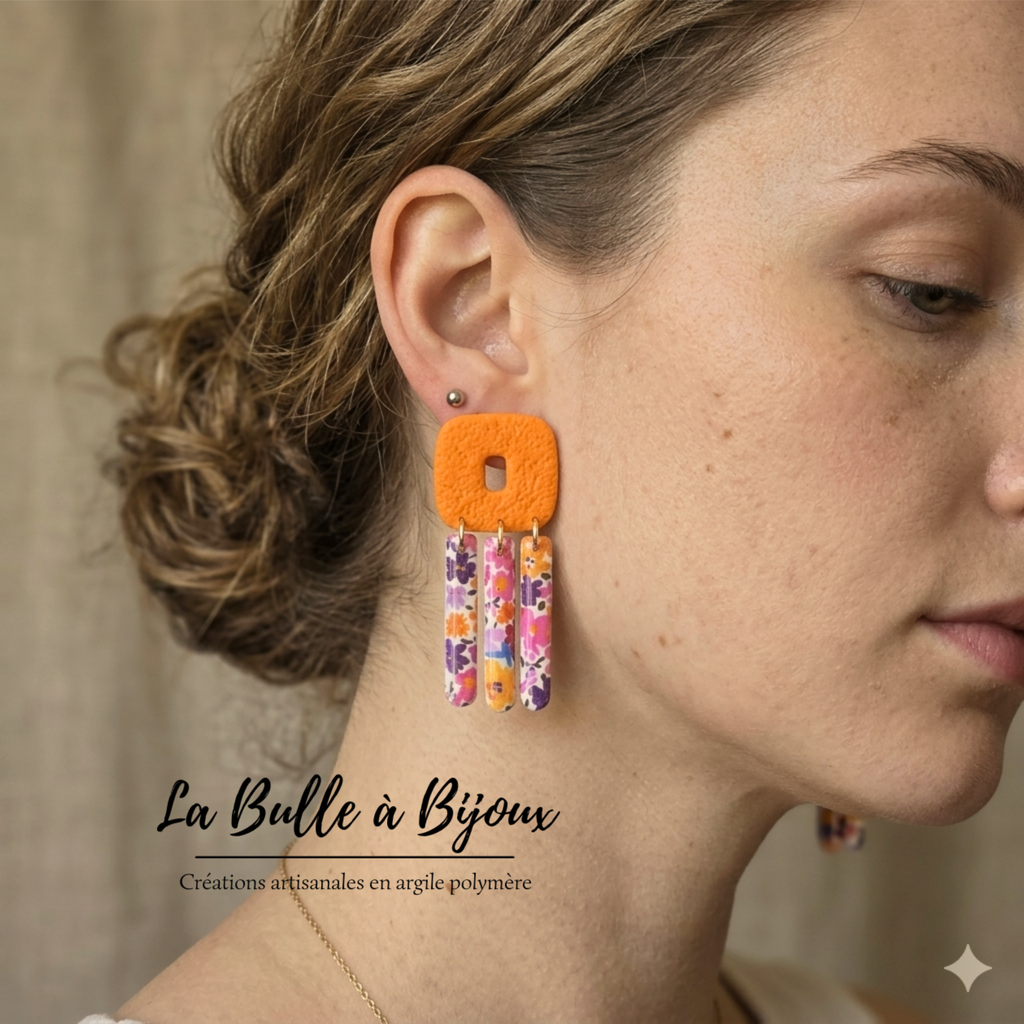 boucle argile polymère mandarine orange fleur rétro 
