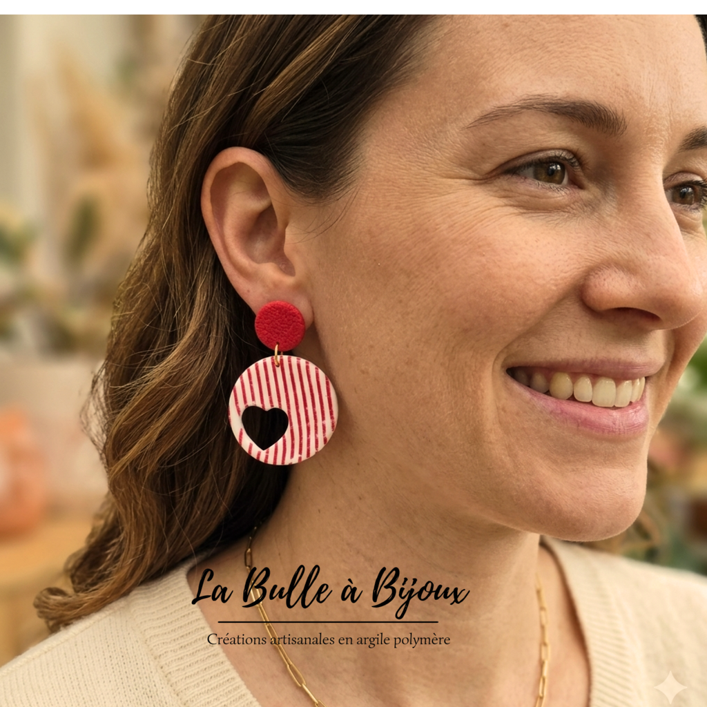 boucle argile polymère cœur marinière rouge 
