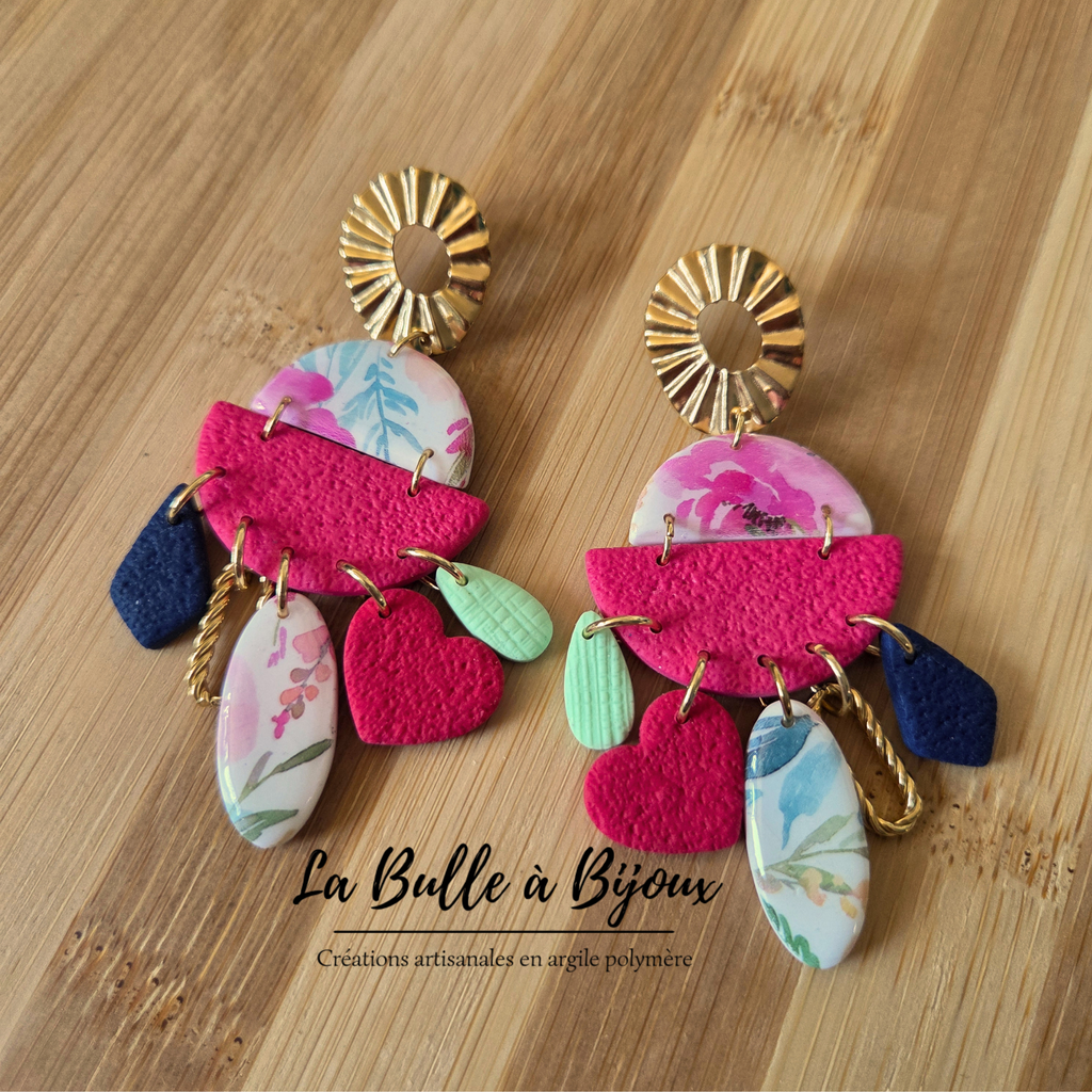 boucle oreille argile polymère motif floral breloque dorée