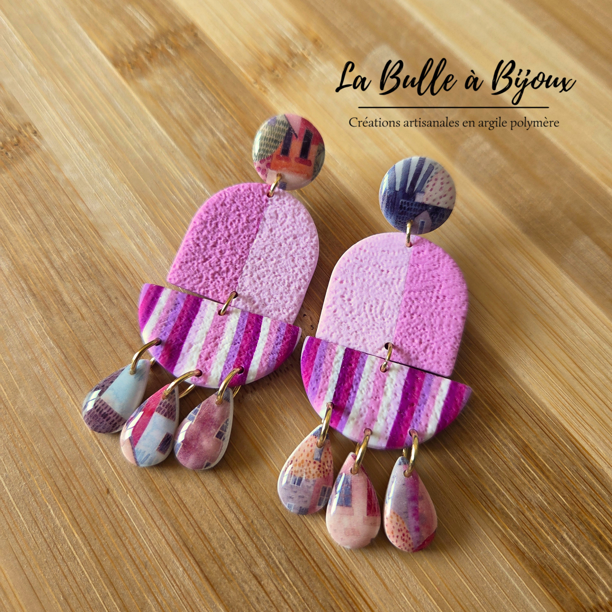 boucle oreille argile polymère rayée rose 