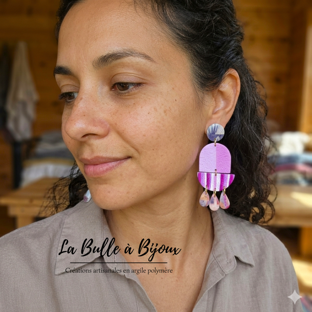 boucle oreille argile polymère rayée rose