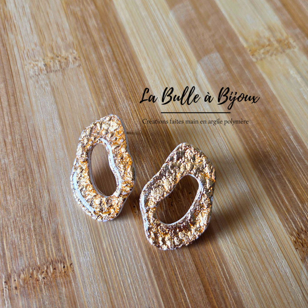boucle oreilles argile polymère feuille d'or effet martelé résiné laqué
